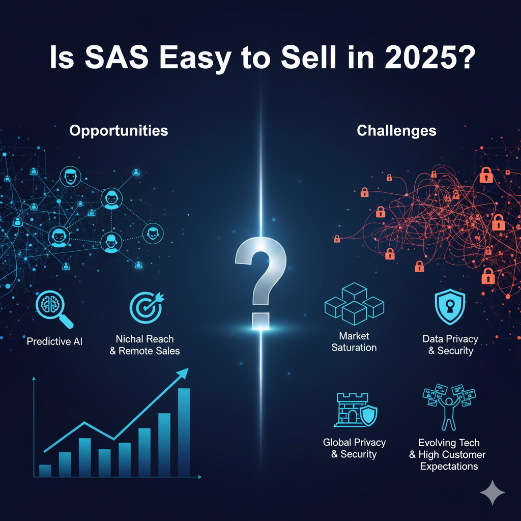 An infographic titled 'Is SaaS Easy to Sell in 2025?' displaying opportunities and challenges related to selling SaaS. The left side lists opportunities such as Predictive AI and Nichal Reach & Remote Sales with upward trend graphics, while the right side highlights challenges like Market Saturation and Data Privacy & Security, accompanied by icons representing each concept.